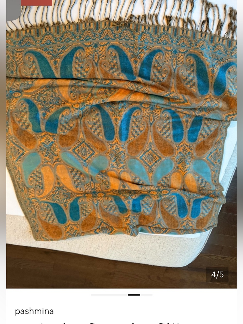 pashmina Silk Blend Teal and Mustard Paisley Pashmina Scarf - Picture 5 of 7
